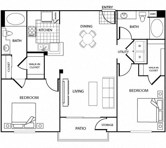 Floor plan for 2 beds, 2 baths, 1104 sqft